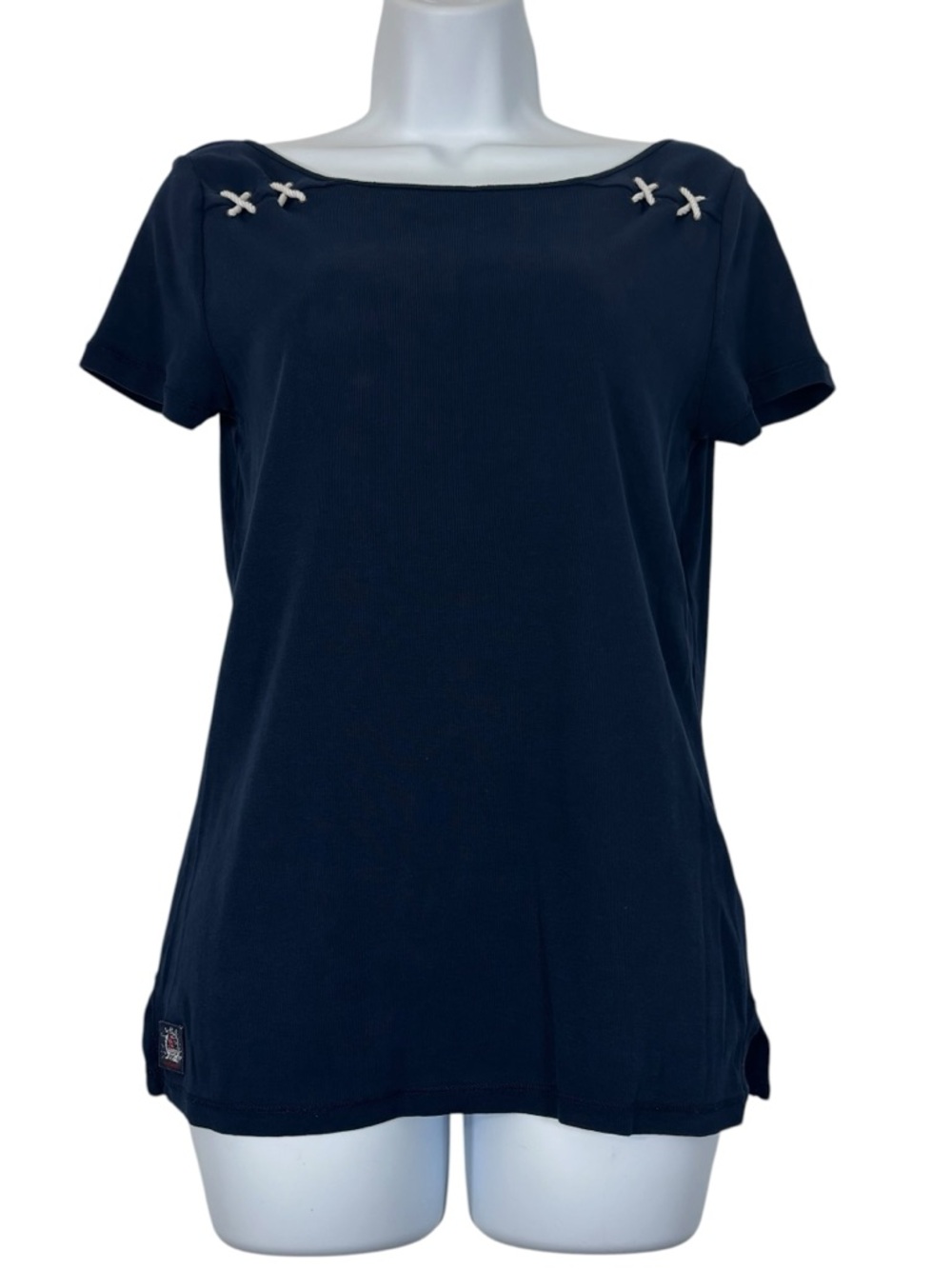 Lauren Ralph Lauren Navy Nautical Anchor Lace-Up Shoulder Tee Size S/P Preppy